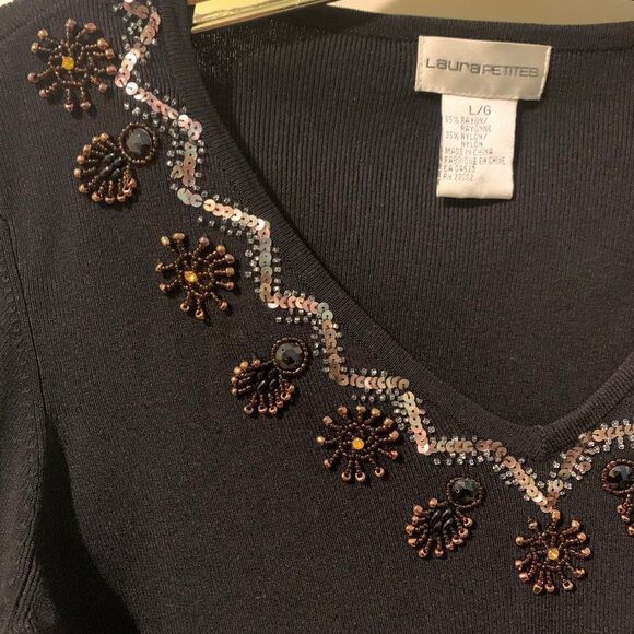 Laura Petites beaded pullover sweater, sz large, EUC, black body, bronze… - Picture 2 of 15